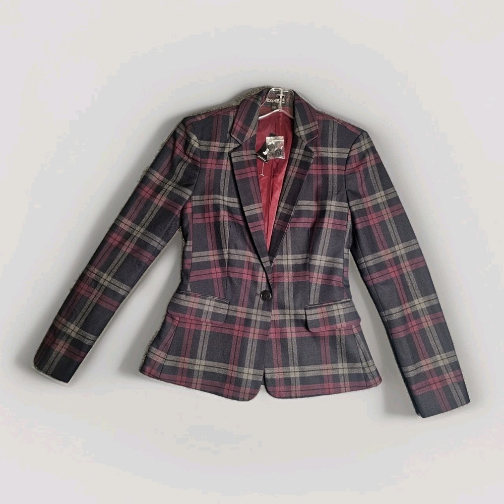 Preppy Express Plaid Blazer Jacket Y2K Women's Size 0 Navy Dark Red